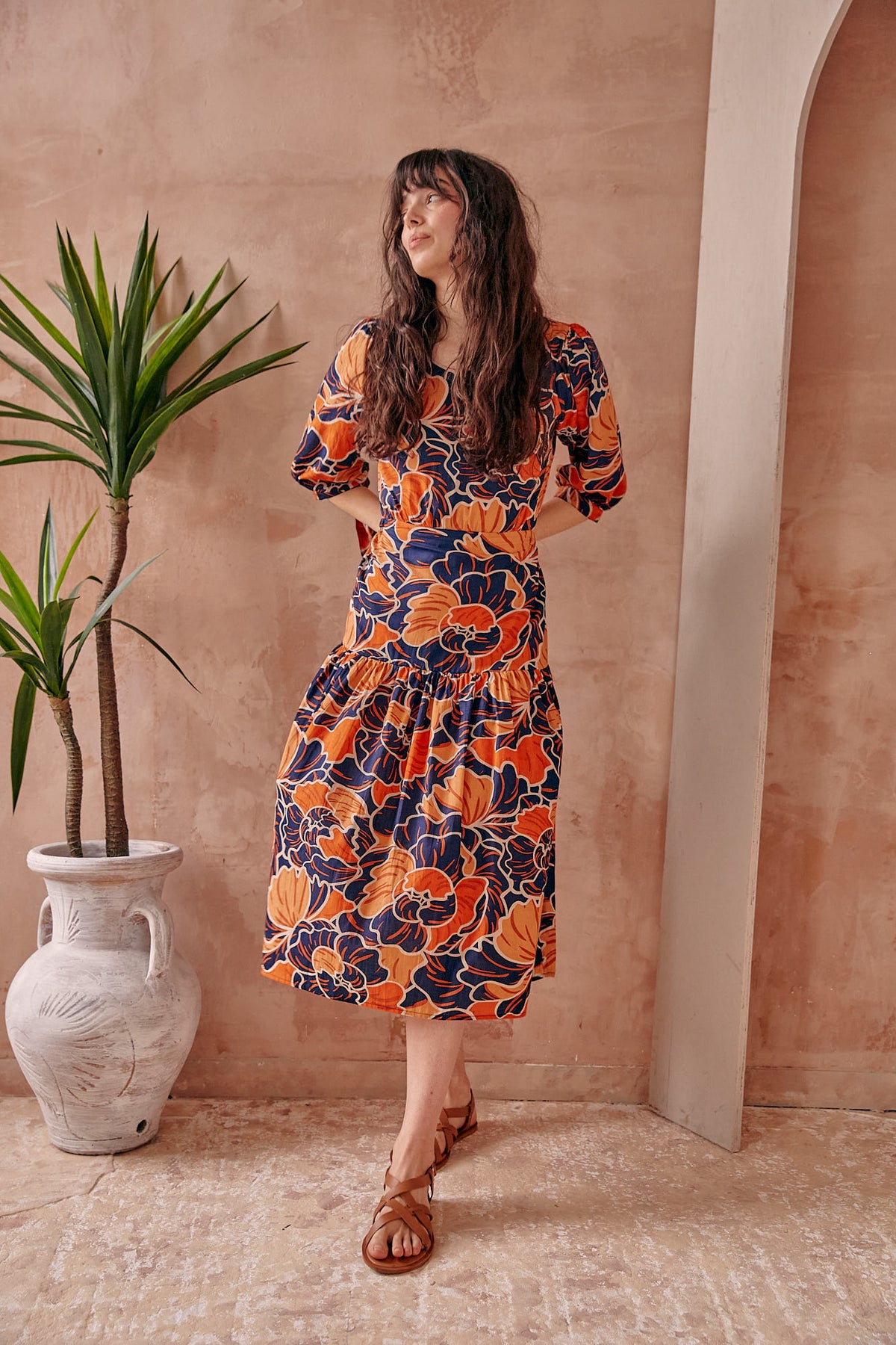Luna Backless Cotton Dress In Orange And Navy