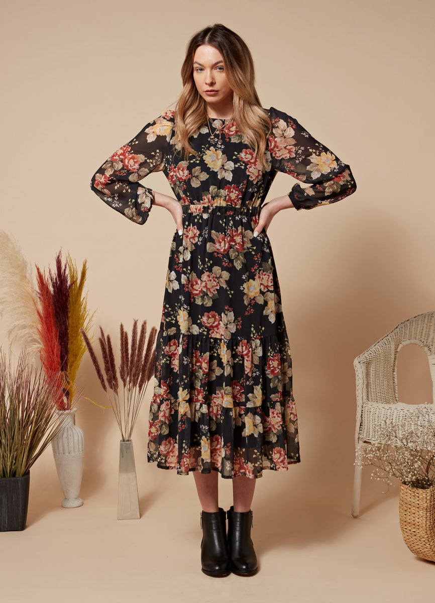 Dark floral dress for fall cheap