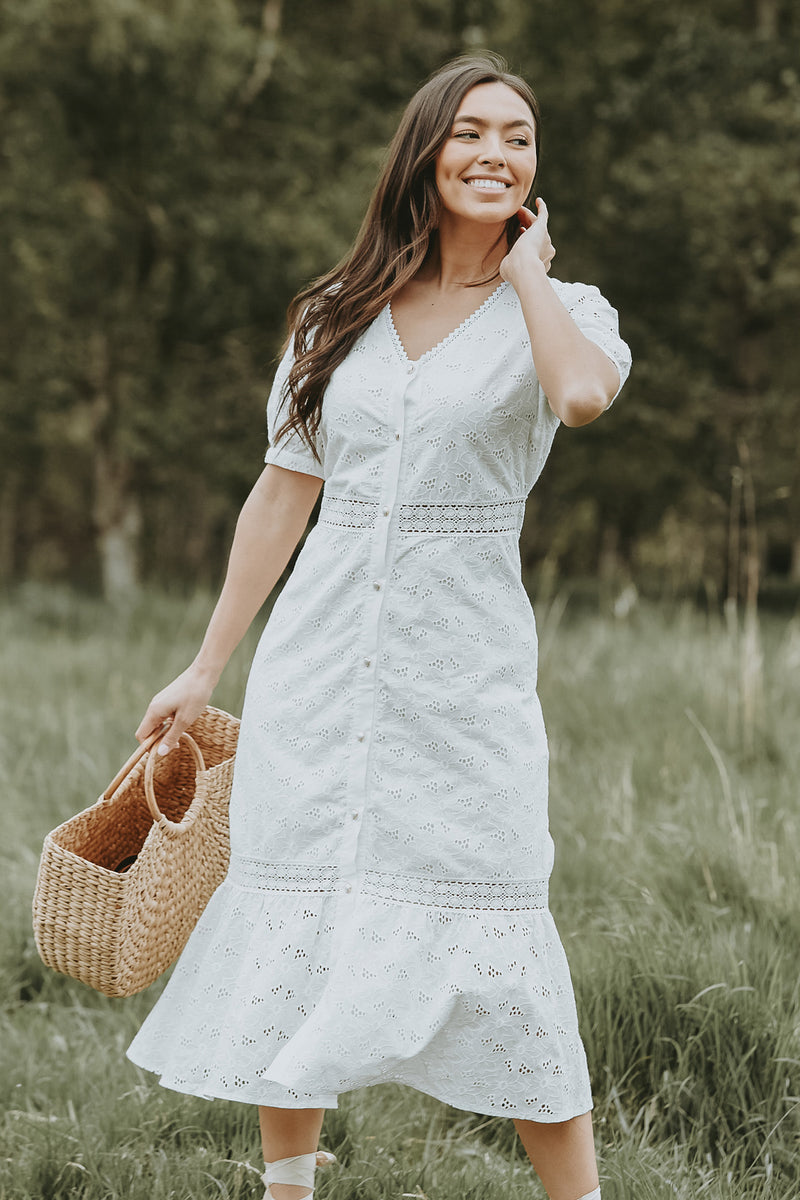 Sorrento Broderie Cotton White Midi Dress  L'Atelier London
