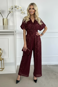 Red Burgundy Sequin Wide Leg Jumpsuit