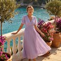 Lilac Pleated Midi Dress With Flutter Sleeves