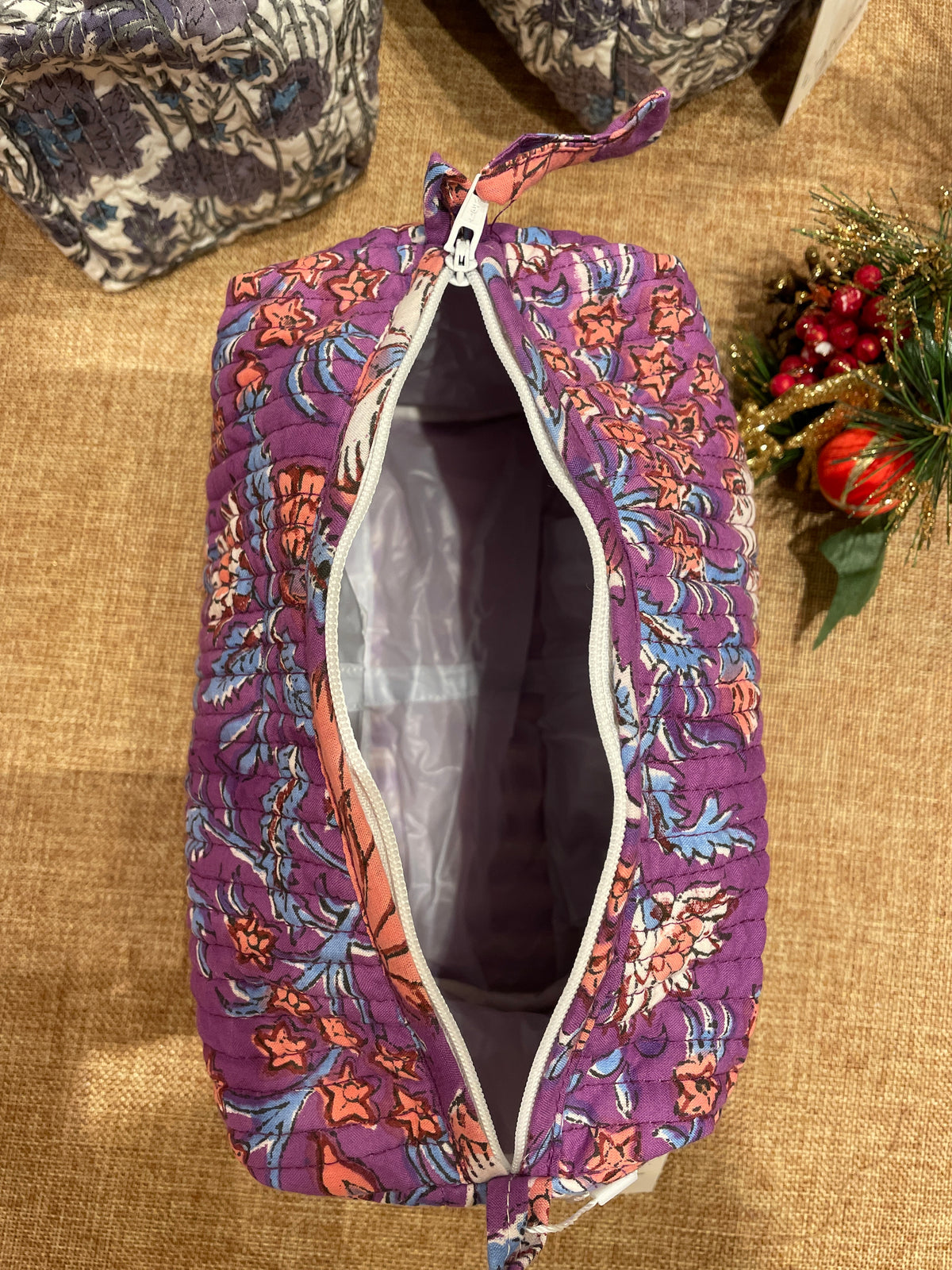 Quilted Cotton Wash Bag in Purple Floral Print