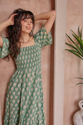 Luciana Green Floral Block Print Cotton Midi Dress