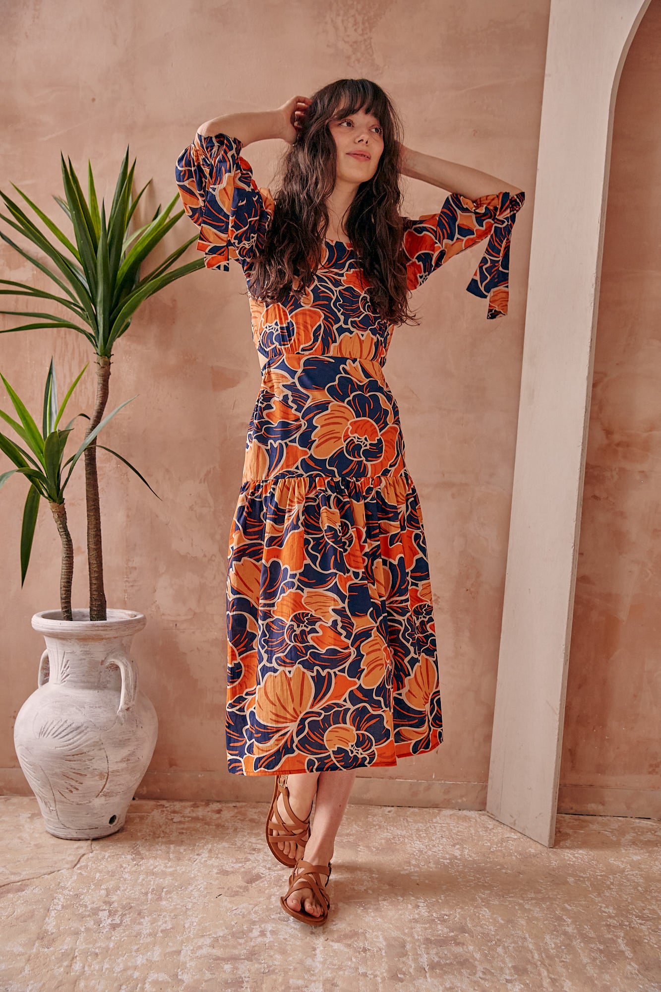 Luna Backless Cotton Dress In Orange And Navy L'Atelier London Luna Backless Cotton Dress In Orange And Navy L'Atelier London