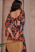 Luna Backless Cotton Dress In Orange And Navy