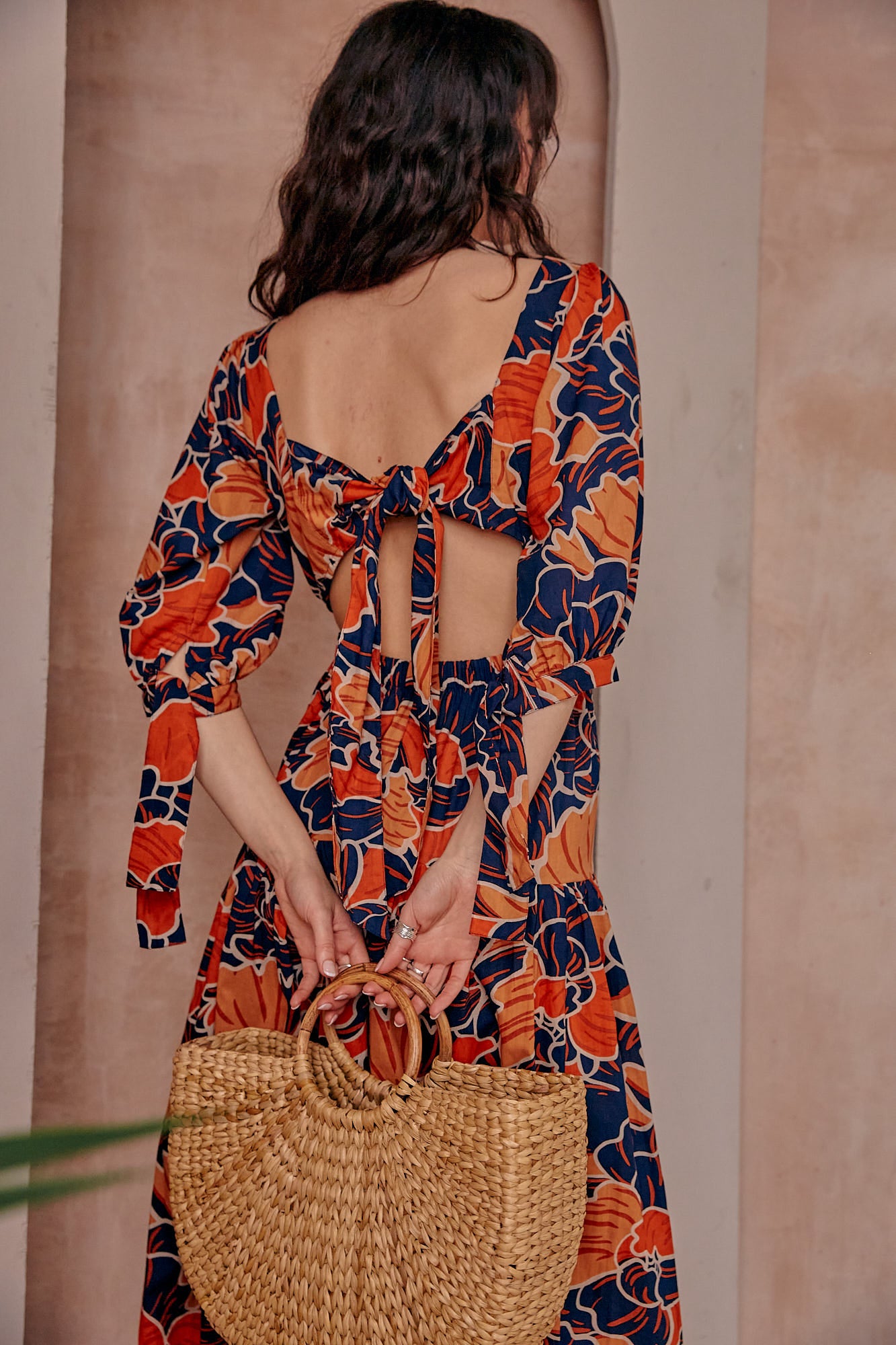 Luna Backless Cotton Dress In Orange And Navy L'Atelier London Luna Backless Cotton Dress In Orange And Navy L'Atelier London