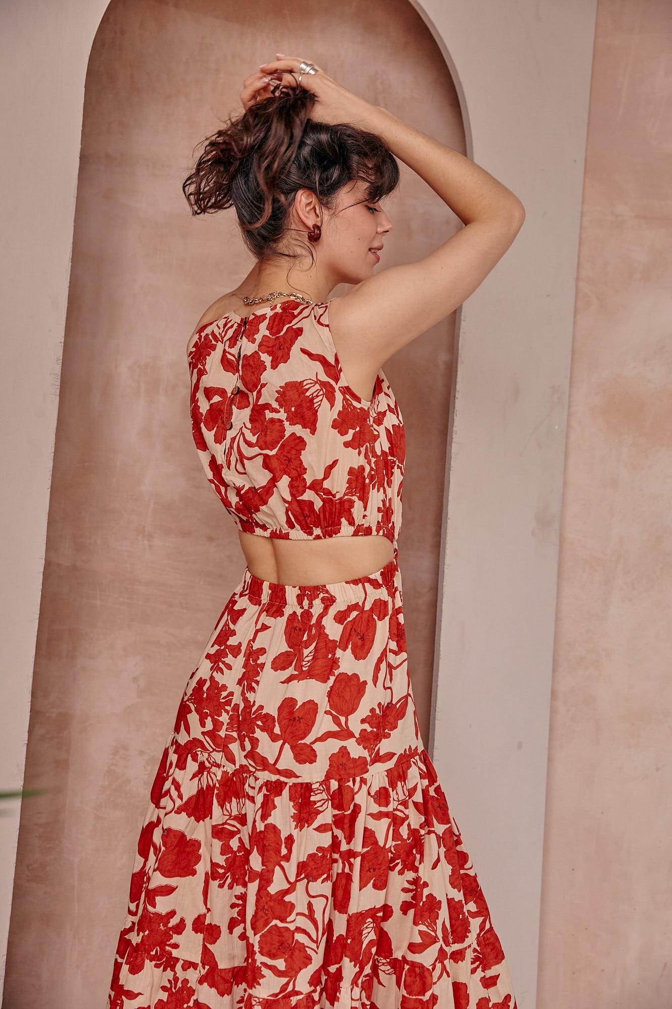 red floral cut out dress Cutout Frilly Maxi Dress