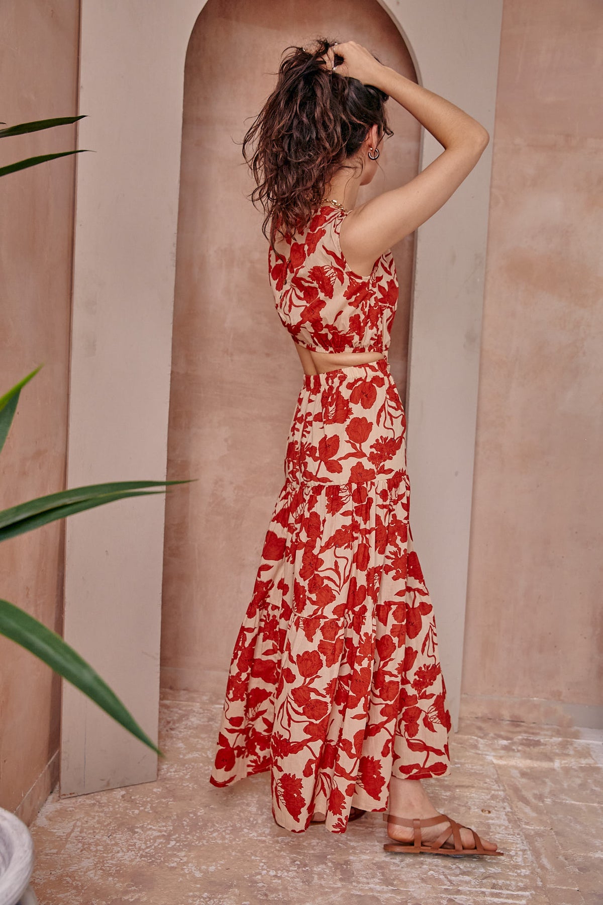 Elise Red Floral Cutout Midi Dress