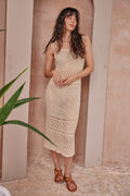 PRE-ORDER: Paola Beige Crochet Midi Dress
