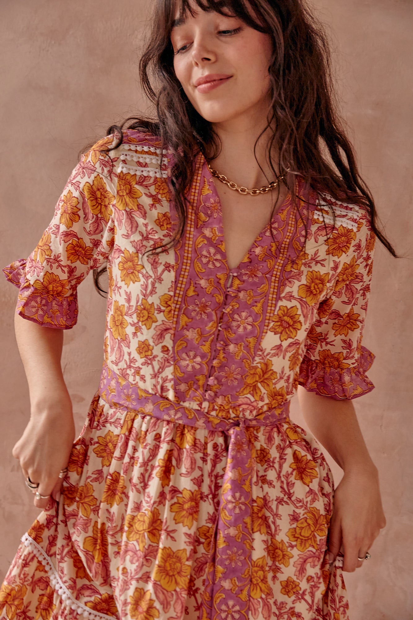 Noemi Yellow Floral Block Print Cotton Midi Dress L'Atelier London Noemi Yellow Floral Block Print Cotton Midi Dress L'Atelier London