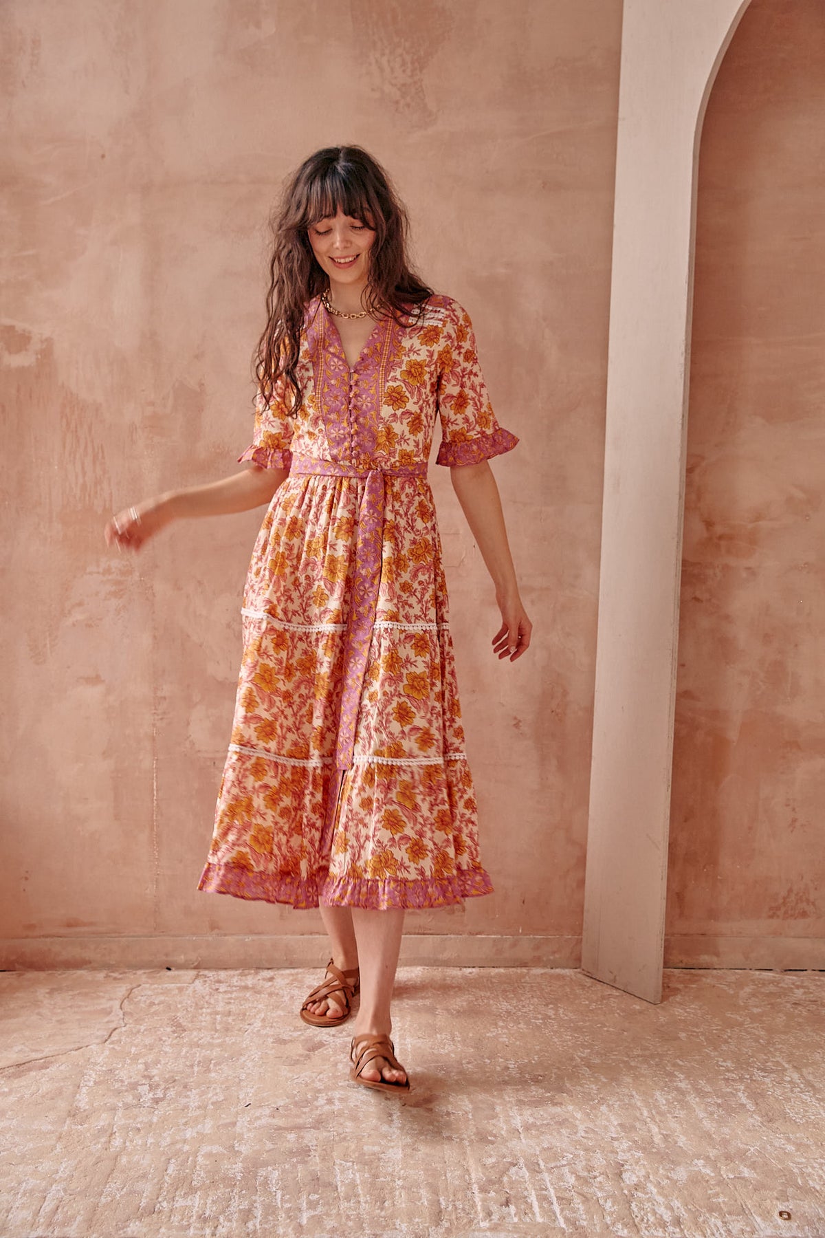 Noemi Yellow Floral Block Print Cotton Midi Dress