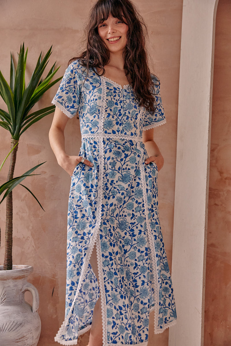 Serafina Blue Floral Cotton Midi Dress With Side Splits – L'Atelier London