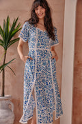 Serafina Blue Floral Cotton Midi Dress With Side Splits