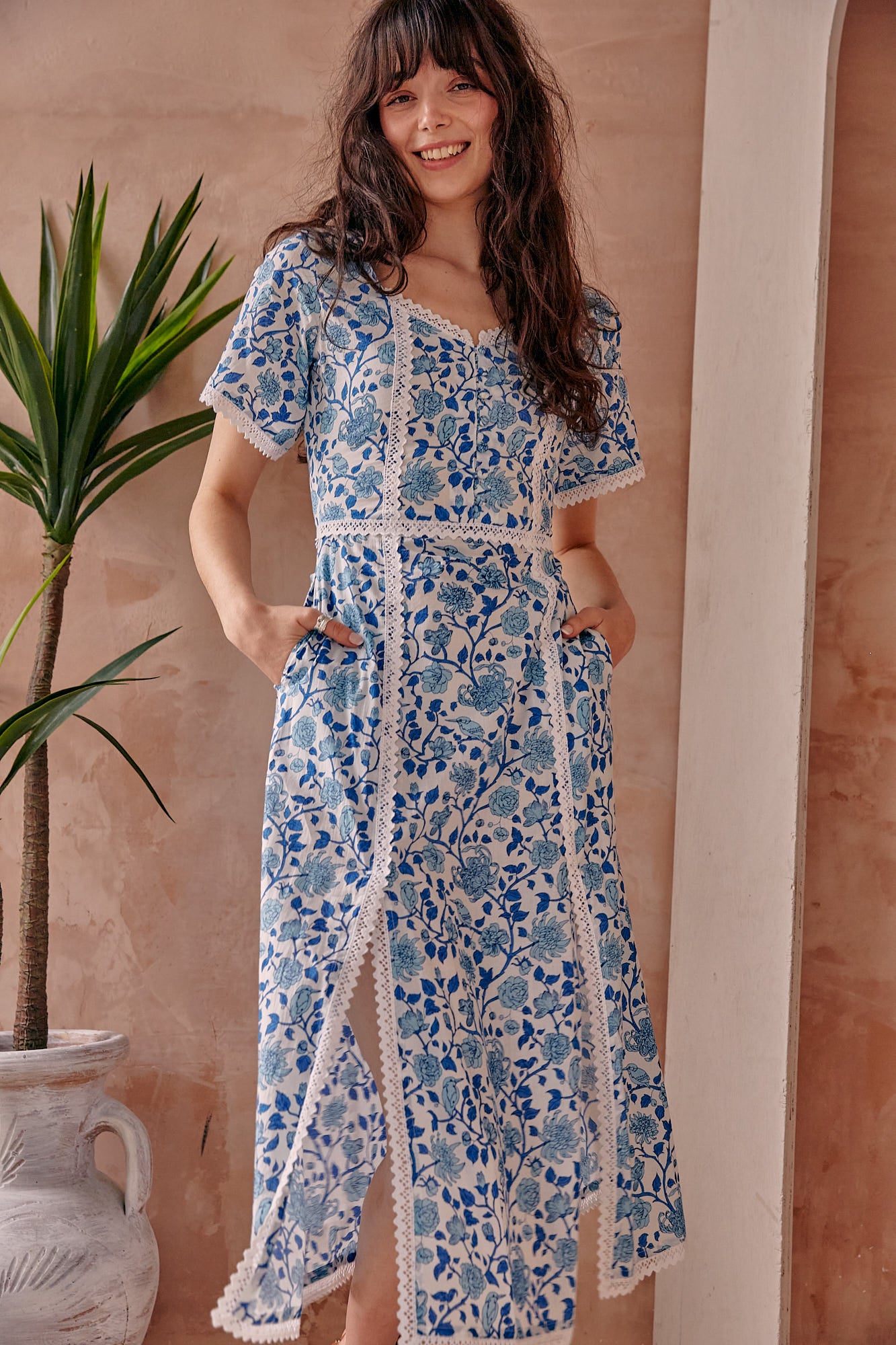 Serafina Blue Floral Cotton Midi Dress With Side Splits L'Atelier London Serafina Blue Floral Cotton Midi Dress With Side Splits L'Atelier London