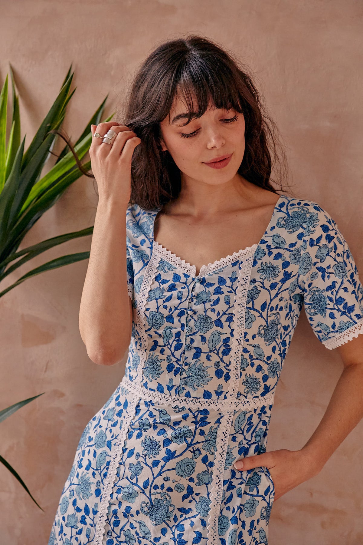 Serafina Blue Floral Cotton Midi Dress With Side Splits
