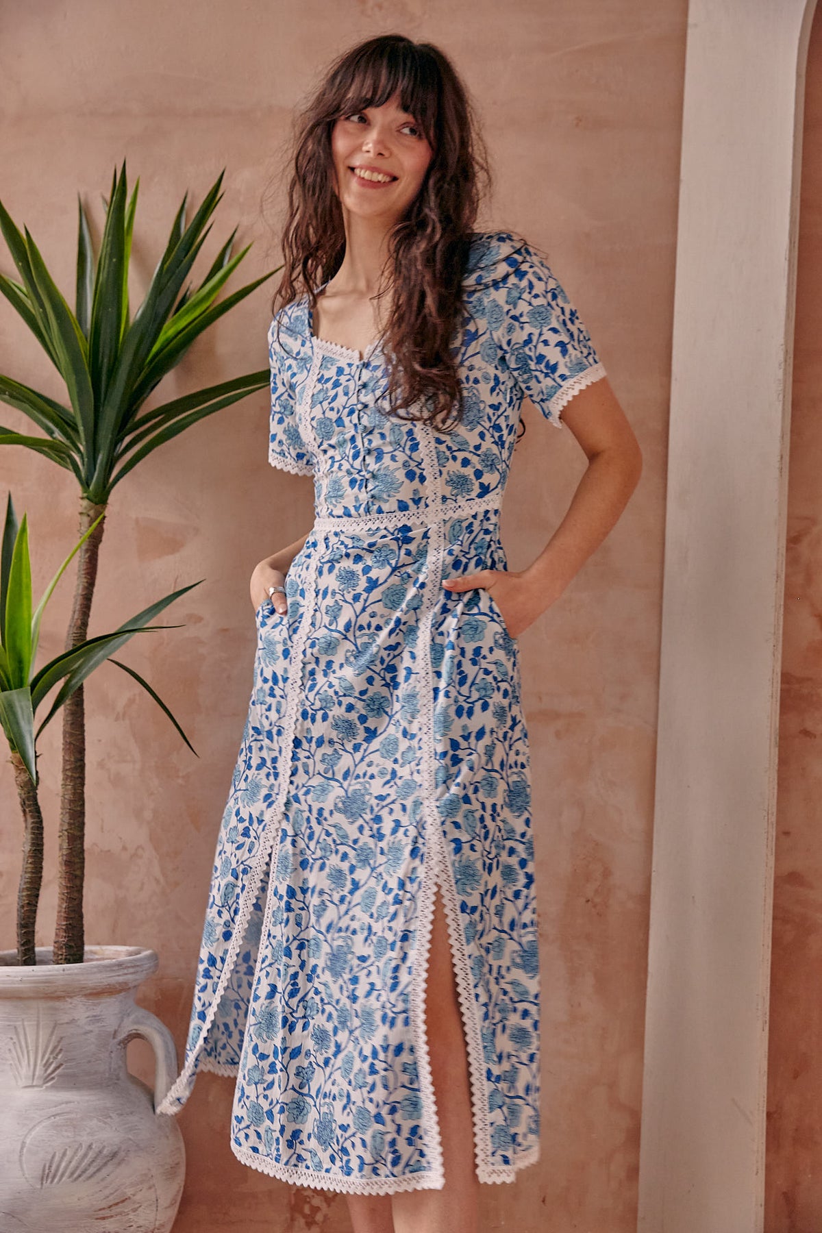 Serafina Blue Floral Cotton Midi Dress With Side Splits