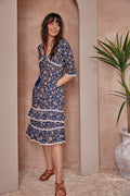 Valentina Navy Floral Block Print Cotton Short Dress