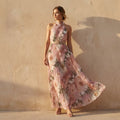 Pink Floral Pleated Halter Neck Maxi Dress