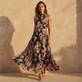 Black Floral Pleated Halter Neck Maxi Dress