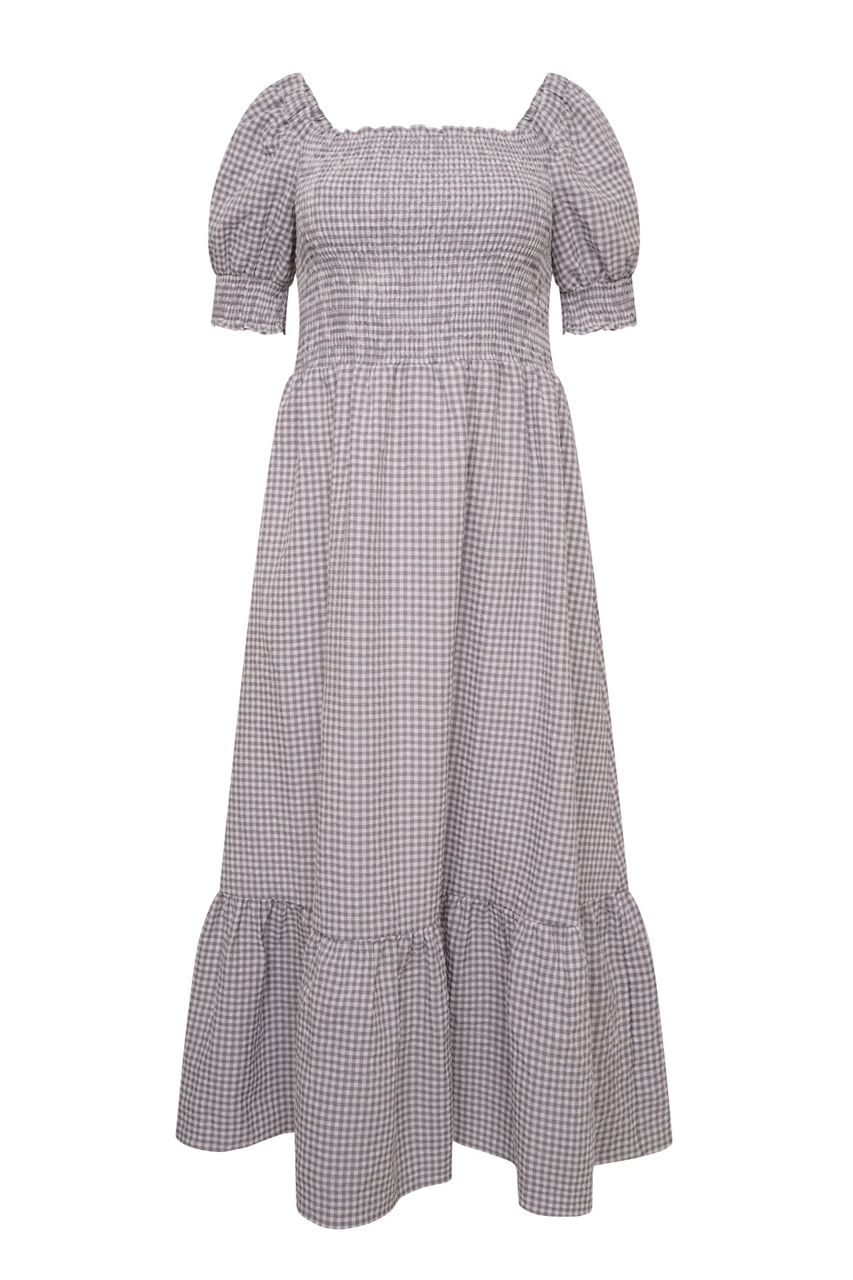 Valerie Black Gingham Print Cotton Shirred Midi Dress