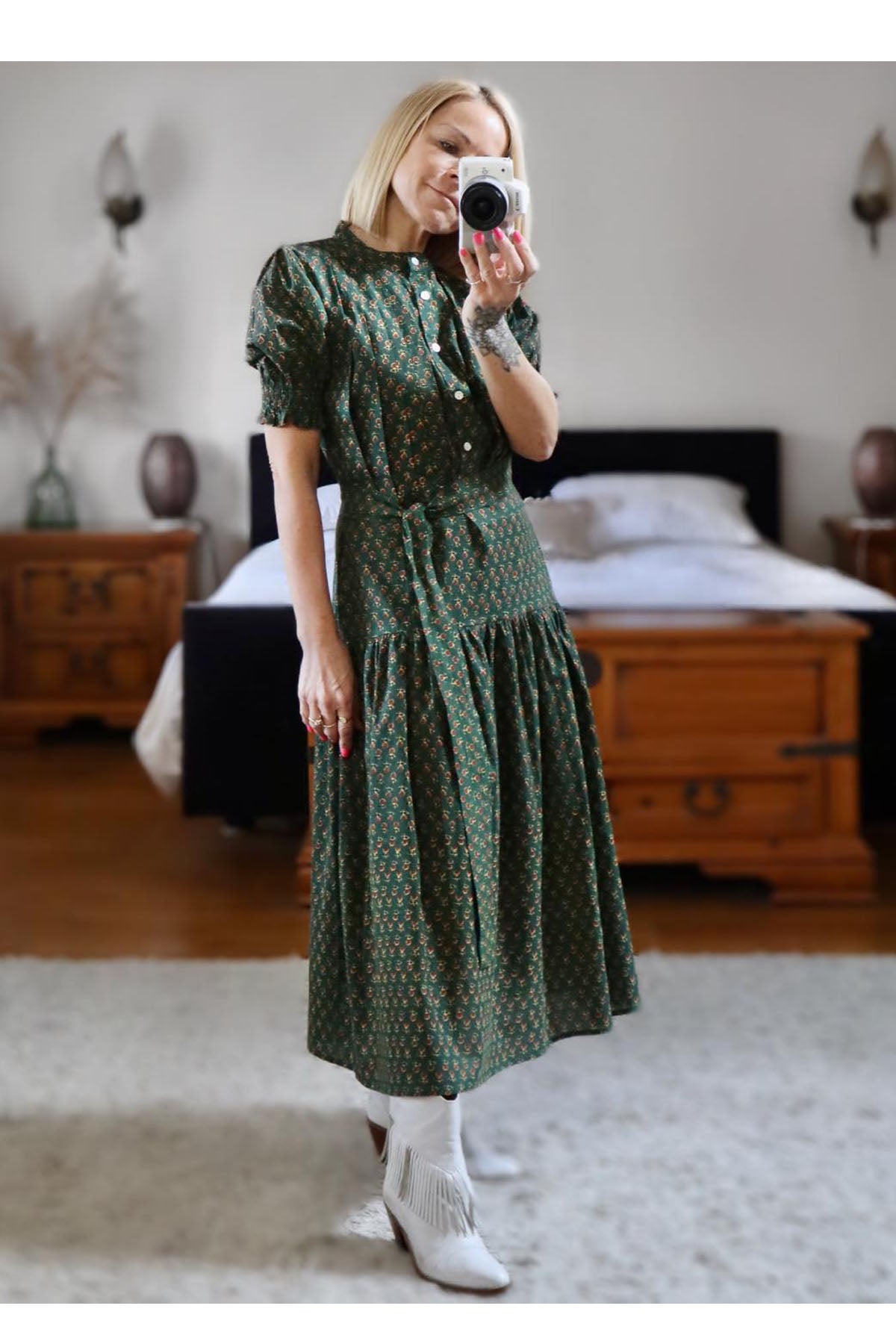 Alicia Green Ditsy Print Cotton Midi Dress