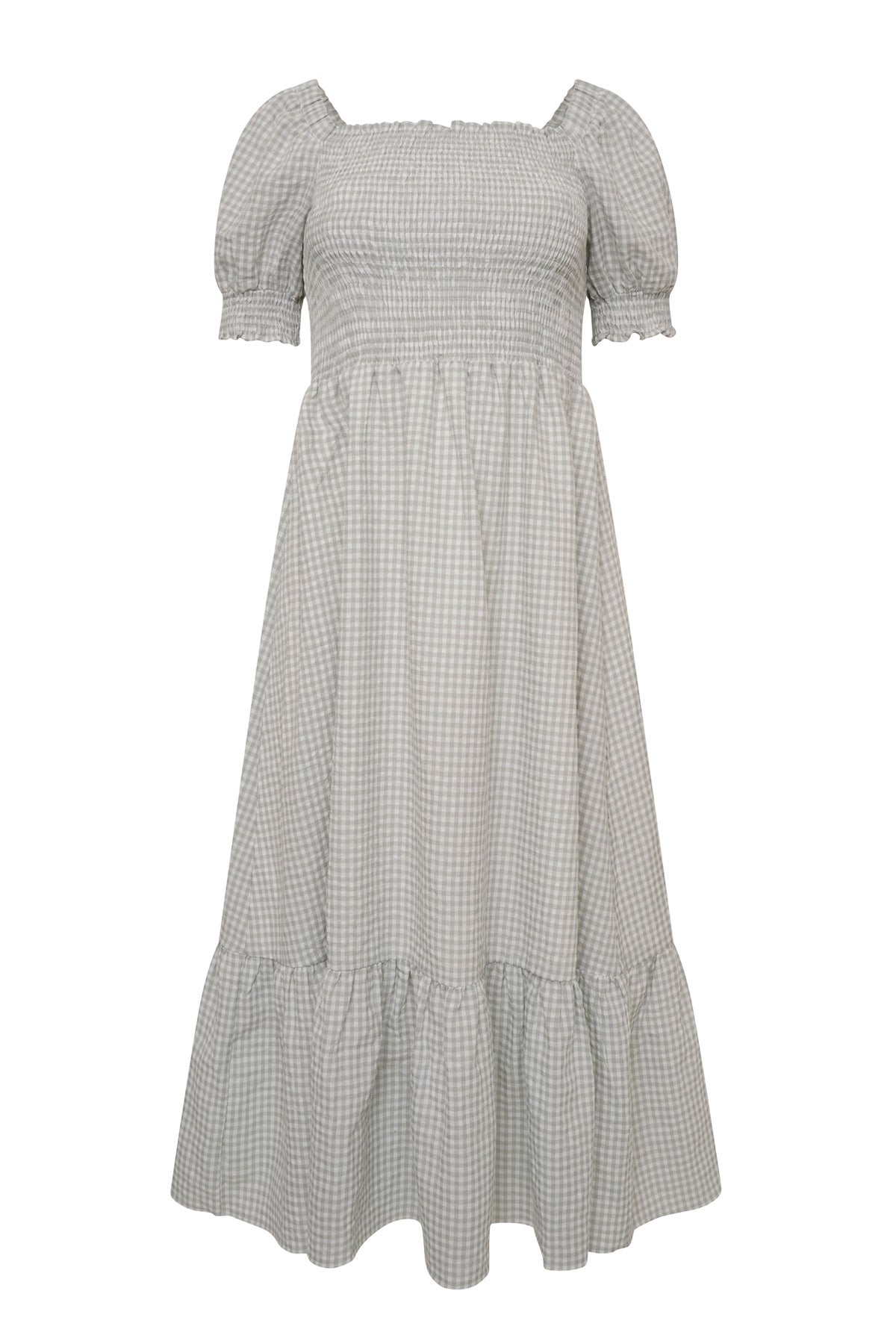 Valerie Green Gingham Cotton Shirred Midi Dress