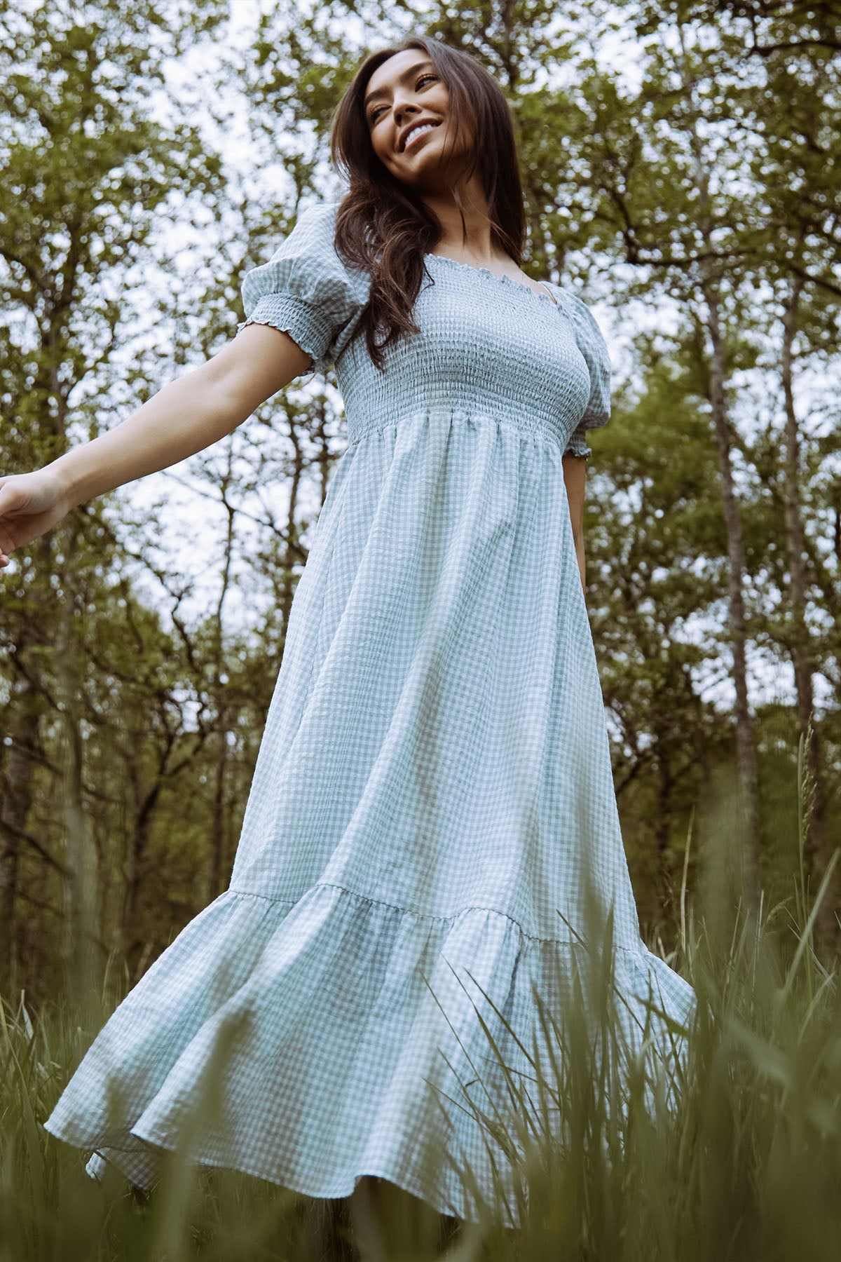 Valerie Green Gingham Cotton Shirred Midi Dress – L'Atelier London