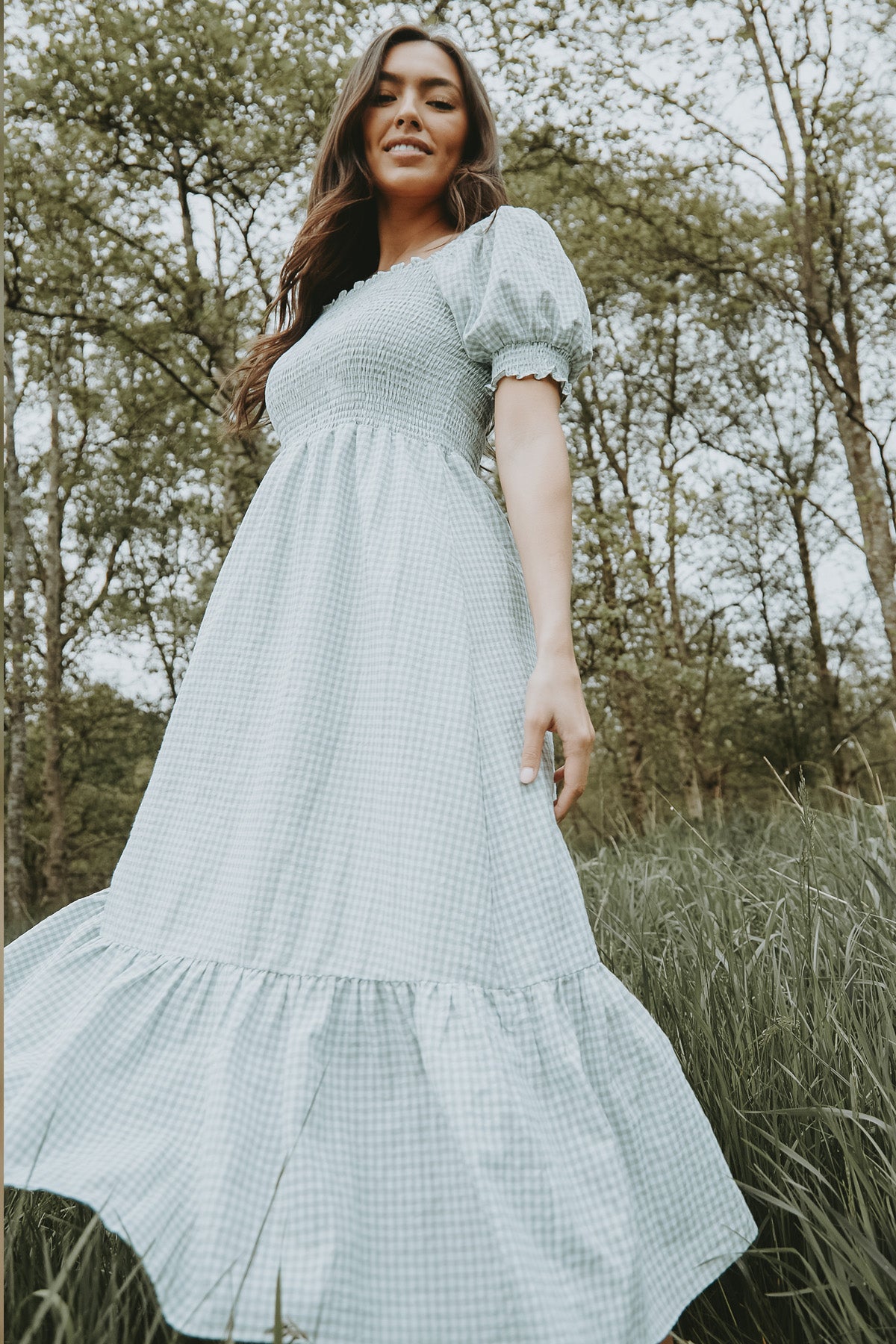 Valerie Green Gingham Cotton Shirred Midi Dress